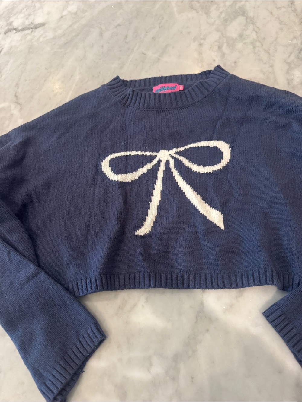 Edikted Navy Cropped Crewneck Sweater with White Bow